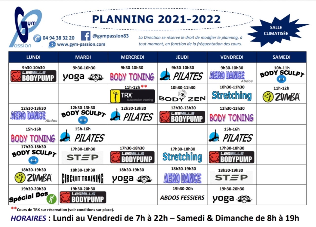 Planning rentrée 2021 Gym Passion Hyères